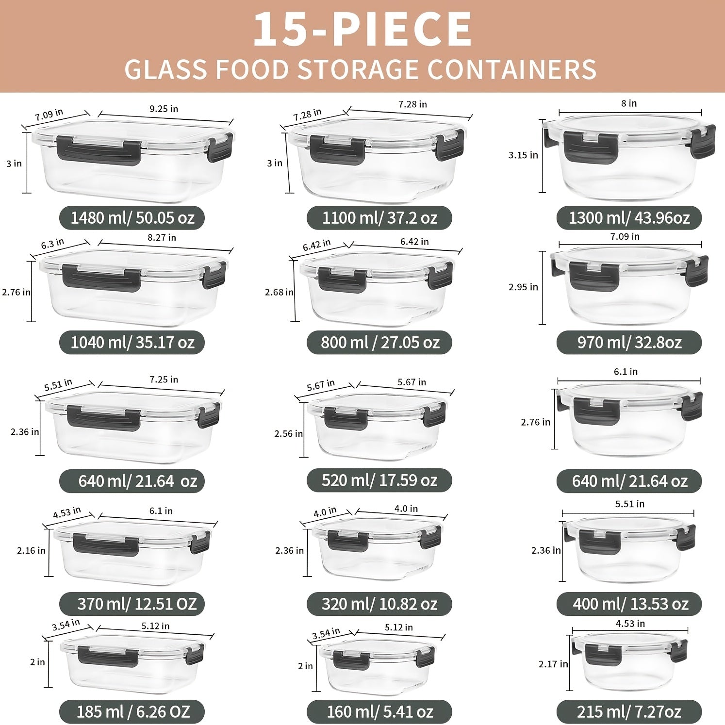 [15pcs Glass Containers] 15pcs Glass Food Storage Containers | Meal Prep Containers, Lunch Bento Boxes with Leak-proof Lids for Microwave, Freezer & Dishwasher, BPA Free - Gray