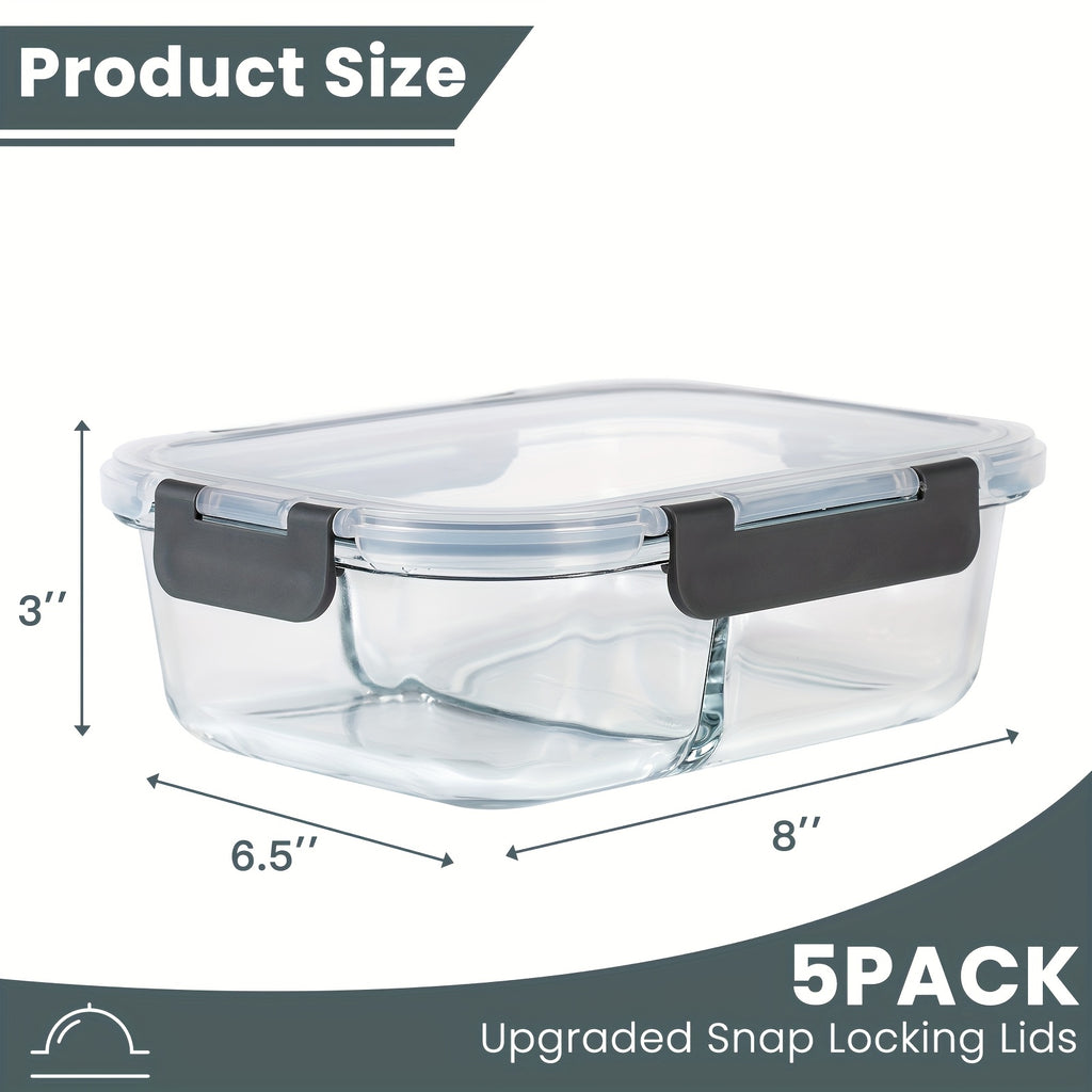 [5pcs Glass Meal Boxes] 5pcs Glass Meal Boxes with Upgraded Snap Lock Lids | 36oz Glass Food Storage Containers 2-Compartment Set, Sealed and Leak-Proof | Microwave, Oven, Refrigerator Safe 36oz