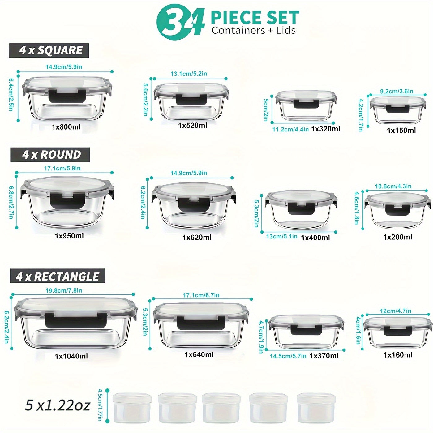 34pcs Set of Glass Food Storage Containers with Lids, Airtight Glass Meal Prep Containers (17 Containers And 17 Lids), Leak-Proof Lunch Containers Bpa-Free, Microwave, Oven, Freezer, Dishwasher Safe, Black