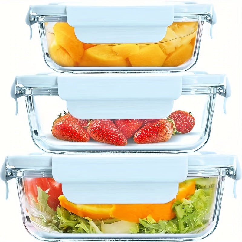 3pcs Leak-Proof Glass Storage Containers with Blue Lids - Microwave & Dishwasher Safe, Perfect for Meal Prep, Picnics, and Food Storage, Picnic Essentials|Modern Kitchenware|Glossy Finish