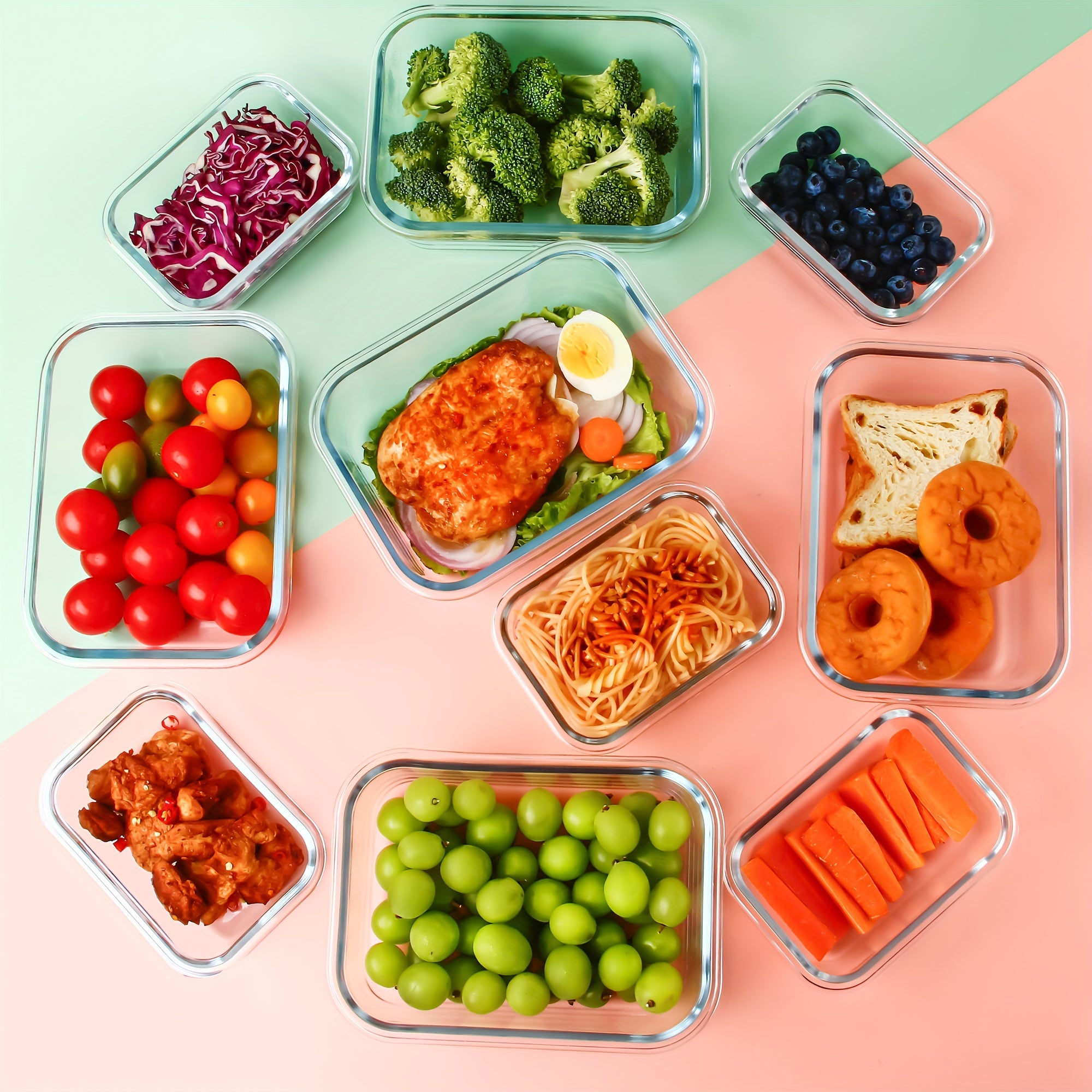 16pcs large capacity glass container set - Insulated lunch box, lunch box, leak-proof bento box with locking lid, Food & Dish Transport-Bus Tubs, microwave, Oven, refrigerator safe. Perfect for home, kitchen, office, lunch, restaurant storage.