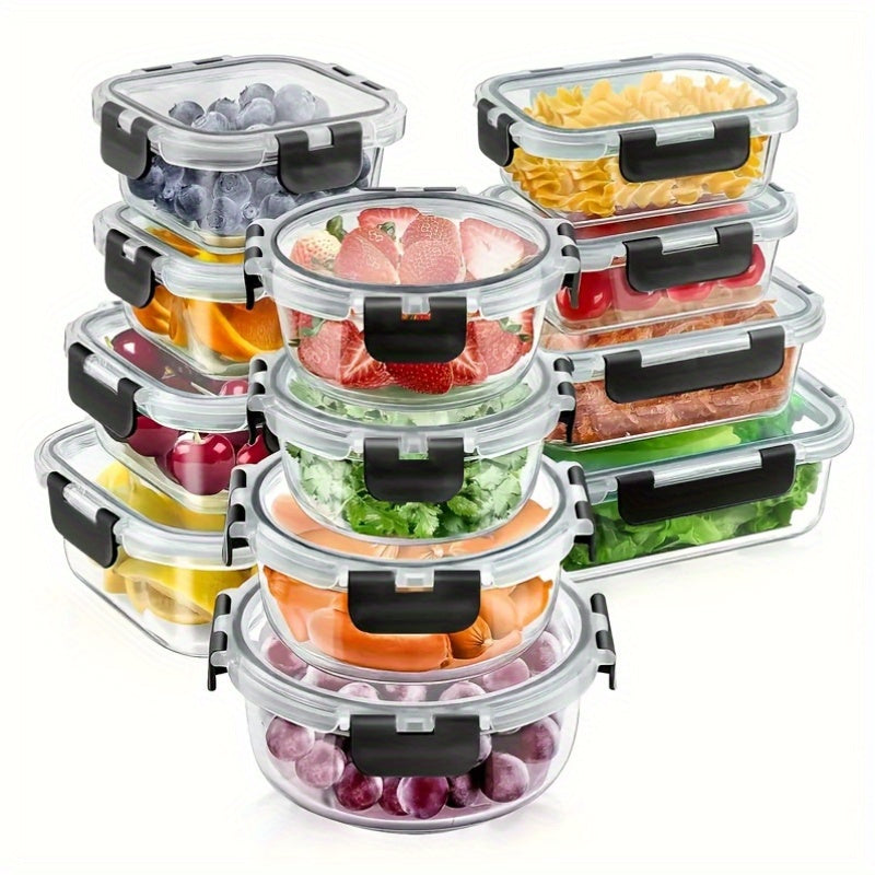 24pcs Glass Food Storage Container Set With Upgraded Snap Lock Lids. Stackable Airtight Glass Storage Containers, Glass Lunch Box Set, Ideal For Lunch, Food Storage, Meal Prep, Microwave, Oven, Freezer Safe, Dishwasher Safe For Easy Cleaning. Black.