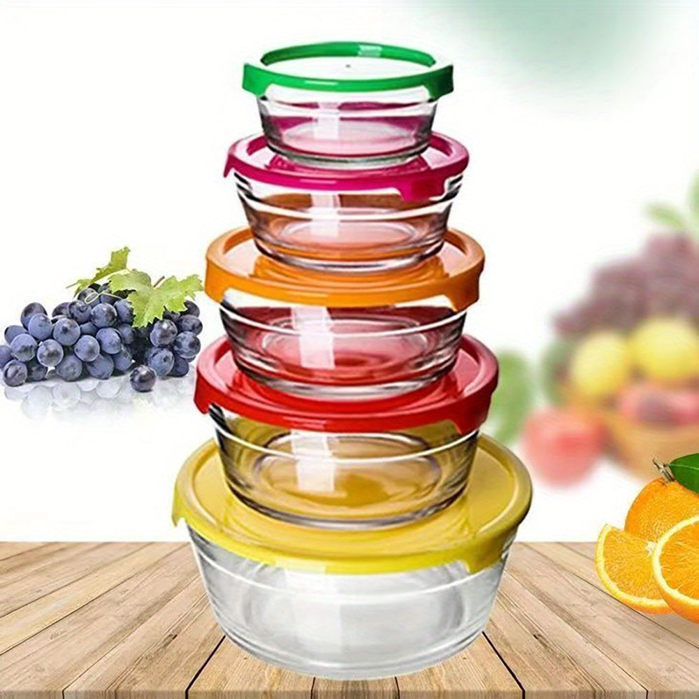 5-Pack Glass Food Storage Containers with Airtight Snap-Lock Lids - Microwave, Oven, Freezer & Dishwasher Safe, 5 Vibrant Colors (Red, Green, Blue, Yellow, Orange) - Reusable Round Meal Prep Containers for Lunch, Office, Kitchen Organization, Glass Food