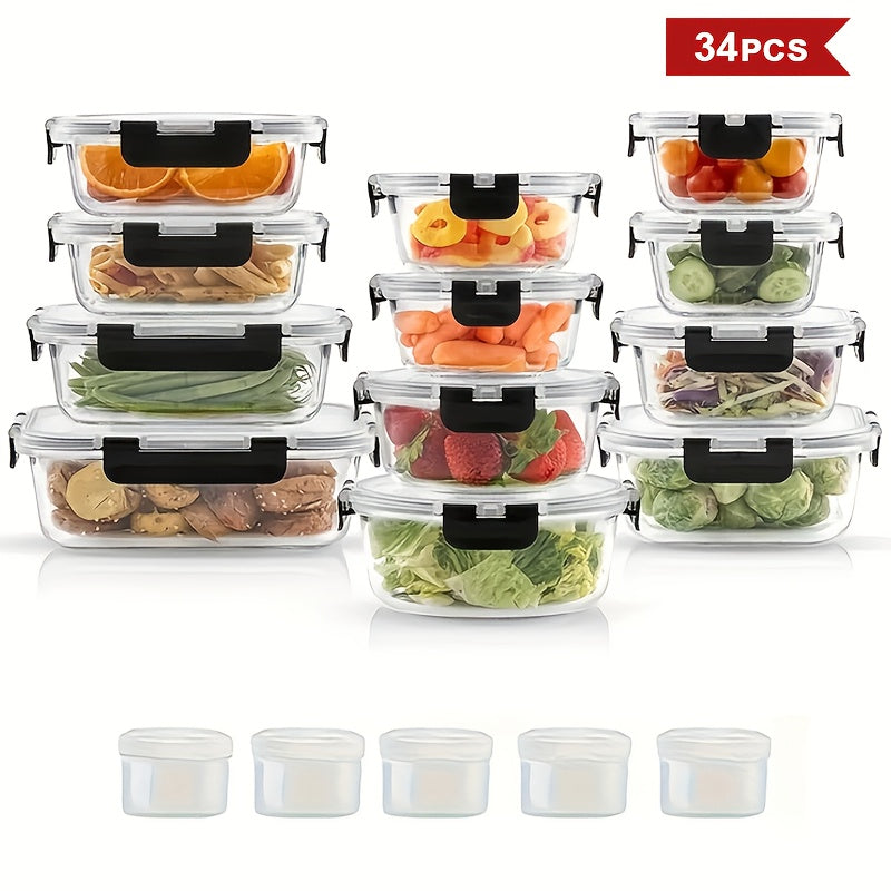 34pcs (17 Lids+17 Glass Bowl) Glass Food Storage Containers with Airtight Lids, Glass Meal Prep Containers for Lunch, Kitchen Storage Containers, Ideal for Food Storage In Microwave Ovens, Dishwashers, Offices, Schools, And Camping, Black