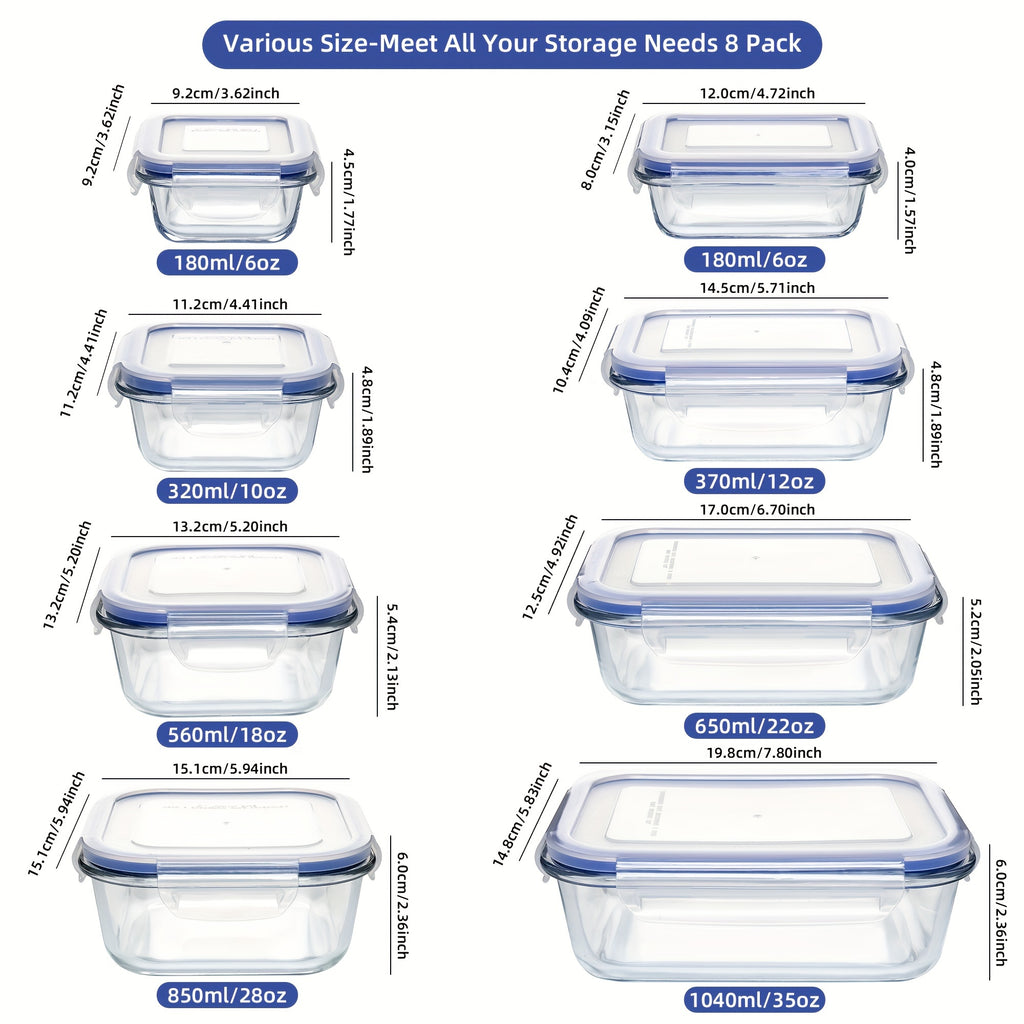 16 Pieces Glass Meal Prep Container With Lids, Lunch Containers For Food Storage, Airtight Kitchen Container For Leftover, Microwave, Freezer And Dishwasher Safe (8 Lids & 8 Glass Containers)