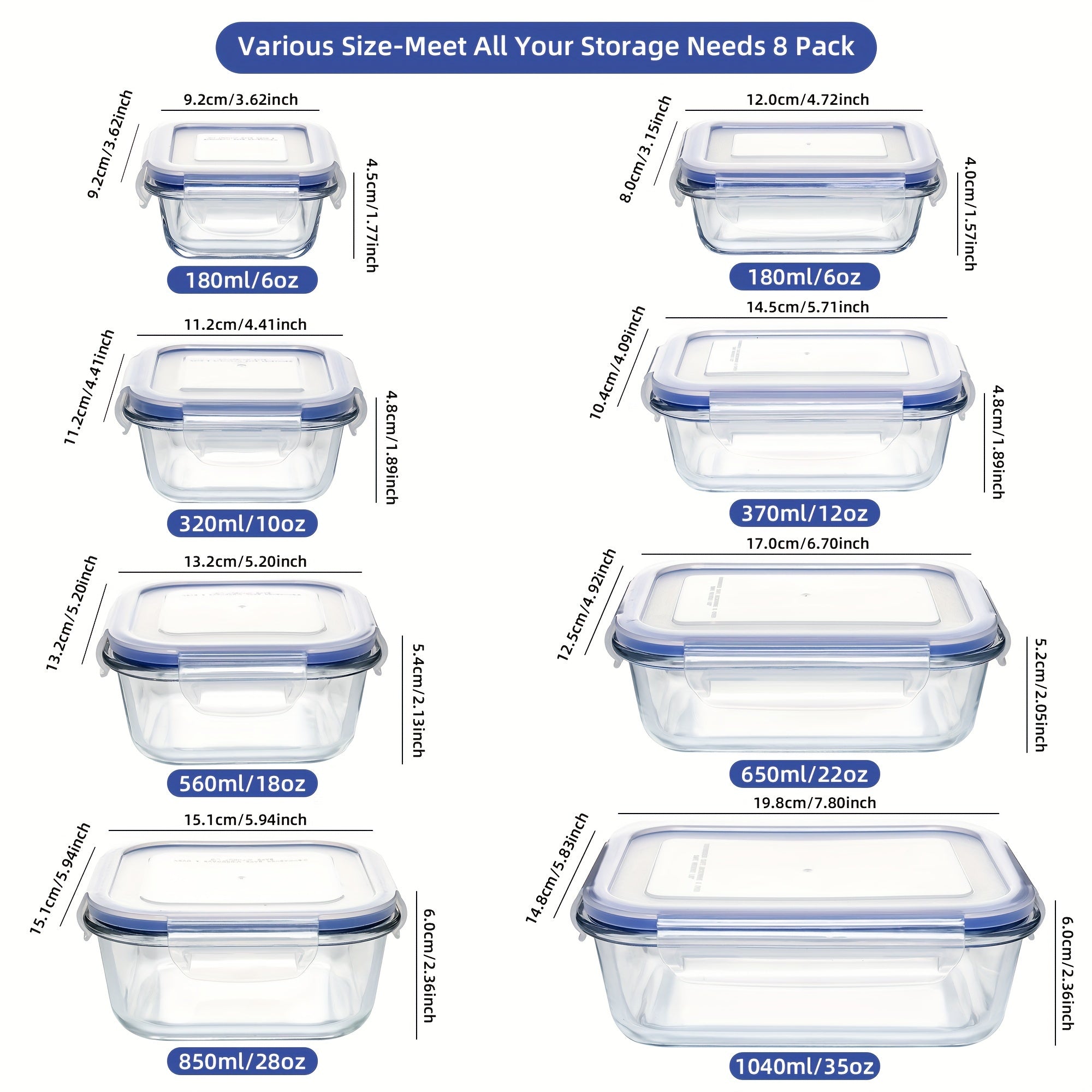 16 Pieces Glass Meal Prep Container With Lids, Lunch Containers For Food Storage, Airtight Kitchen Container For Leftover, Microwave, Freezer And Dishwasher Safe (8 Lids & 8 Glass Containers)