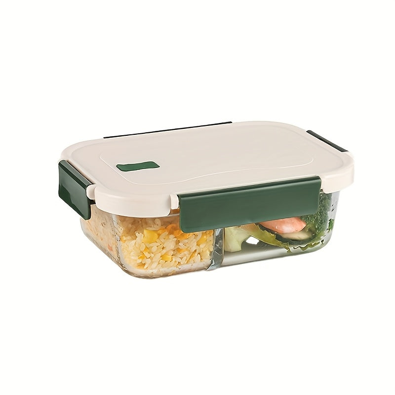 [21.64oz Glass Lunch Box] Double Compartment Borosilicate Glass Lunch Box 21.64oz | Microwave Heatable, Transparent Crisper with Two Dividers, Fruit Theme, Rectangle Shape, Manual, No Electricity Needed, with Lid for Workers