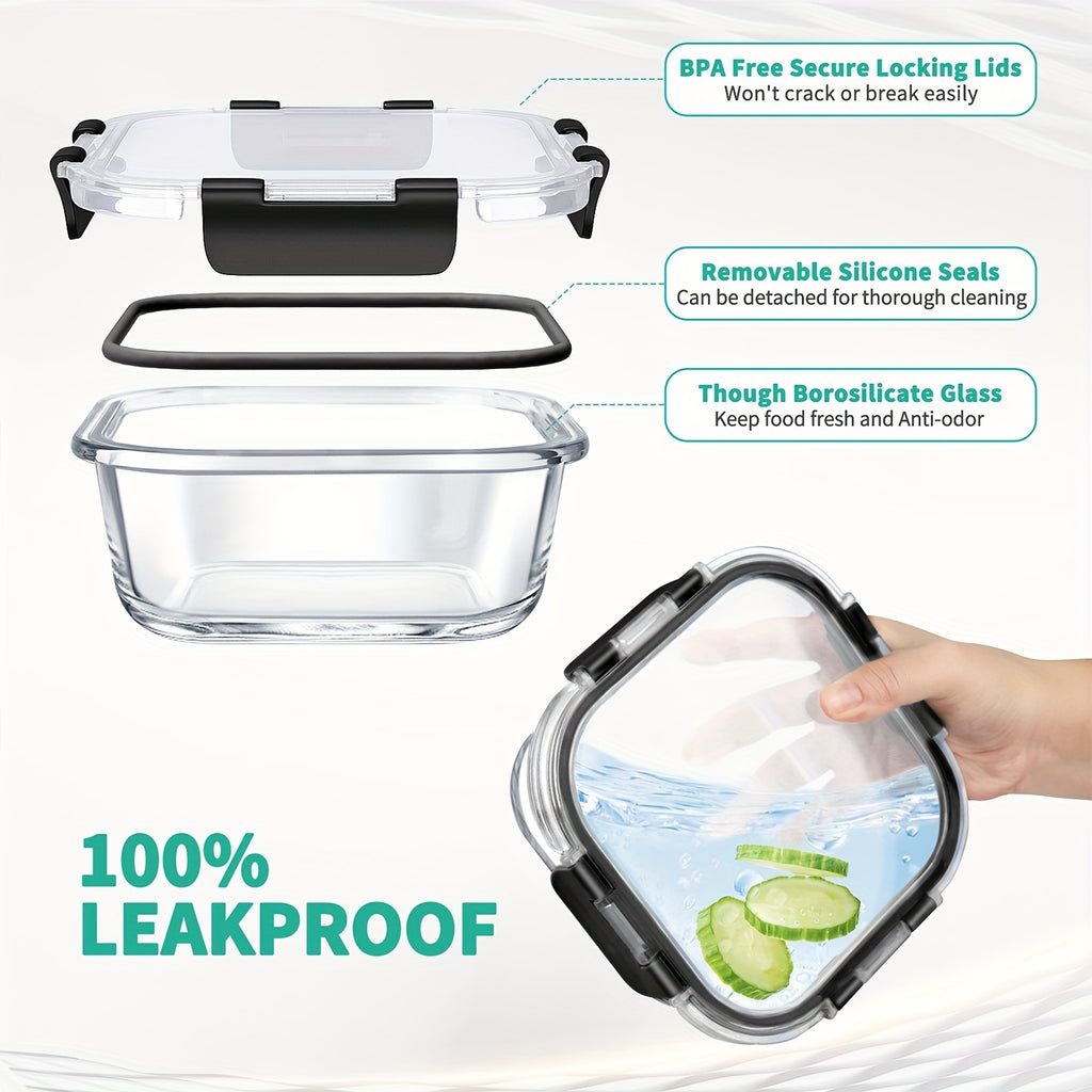 34pcs Set of Glass Food Storage Containers with Lids, Airtight Glass Meal Prep Containers (17 Containers And 17 Lids), Leak-Proof Lunch Containers Bpa-Free, Microwave, Oven, Freezer, Dishwasher Safe, Black