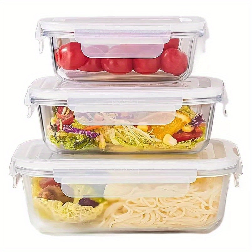 3pcs Leak-Proof Glass Storage Containers with Blue Lids - Microwave & Dishwasher Safe, Perfect for Meal Prep, Picnics, and Food Storage, Picnic Essentials|Modern Kitchenware|Glossy Finish