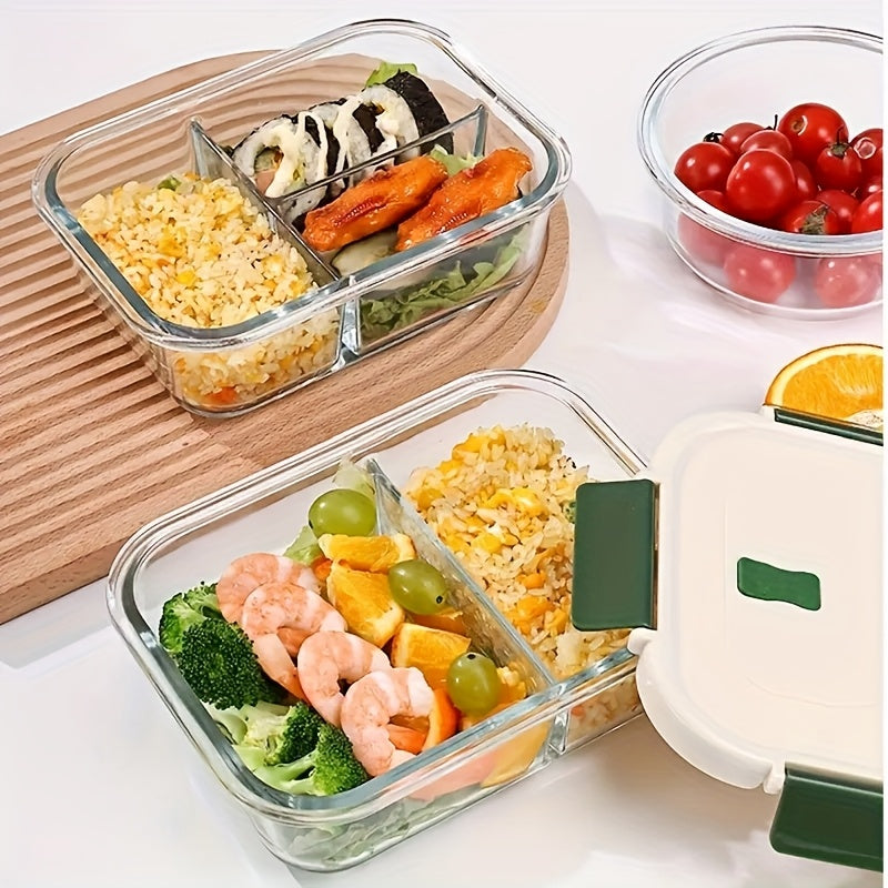 [21.64oz Glass Lunch Box] Double Compartment Borosilicate Glass Lunch Box 21.64oz | Microwave Heatable, Transparent Crisper with Two Dividers, Fruit Theme, Rectangle Shape, Manual, No Electricity Needed, with Lid for Workers
