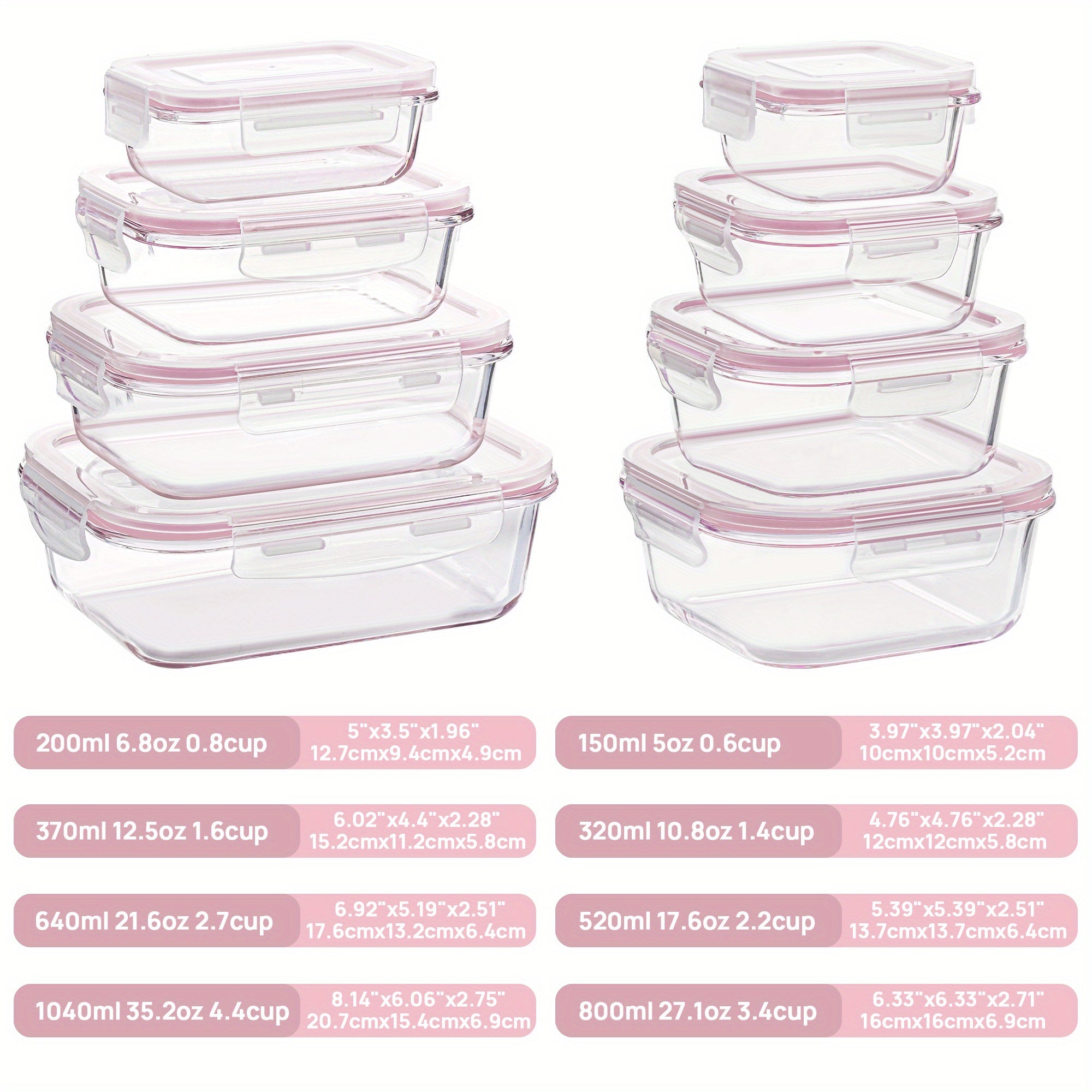 [Glass Food Containers] 8pcs Glass Food Storage Containers with Plastic Airtight Lids - BPA-Free, Microwave, Oven & Freezer Safe, Dishwasher Safe, Rectangular Meal Prep Containers for Lunch, Snacks, and More, Green & Pink, Food Storage Organizer, Lunch