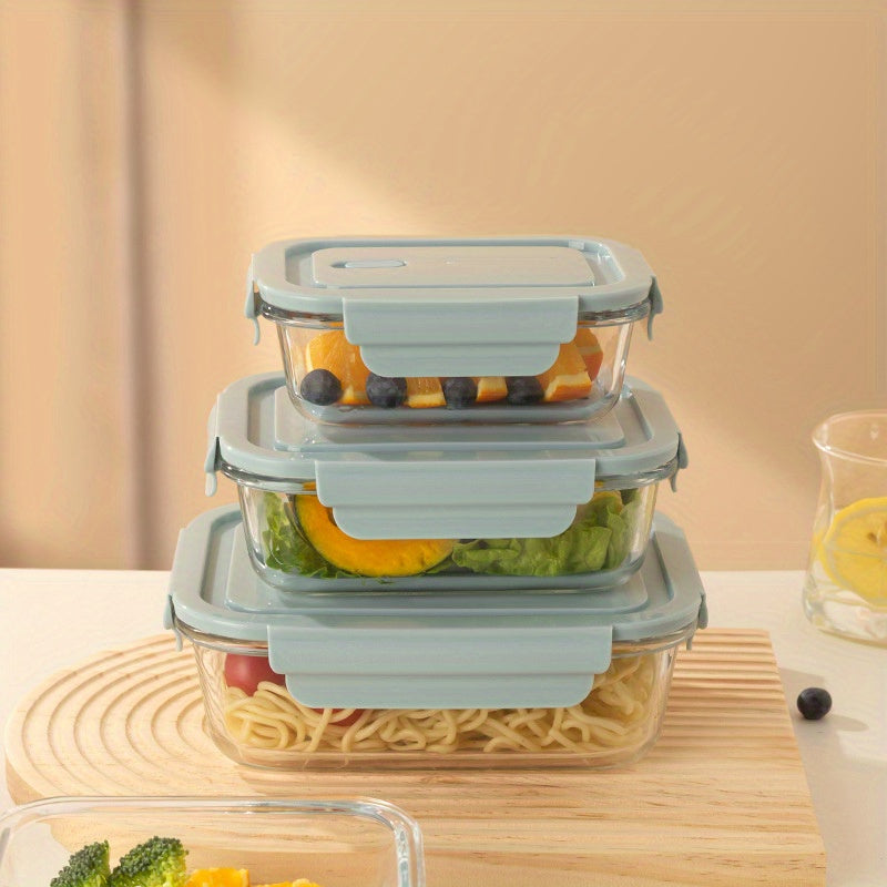3pcs Leak-Proof Glass Storage Containers with Blue Lids - Microwave & Dishwasher Safe, Perfect for Meal Prep, Picnics, and Food Storage, Picnic Essentials|Modern Kitchenware|Glossy Finish