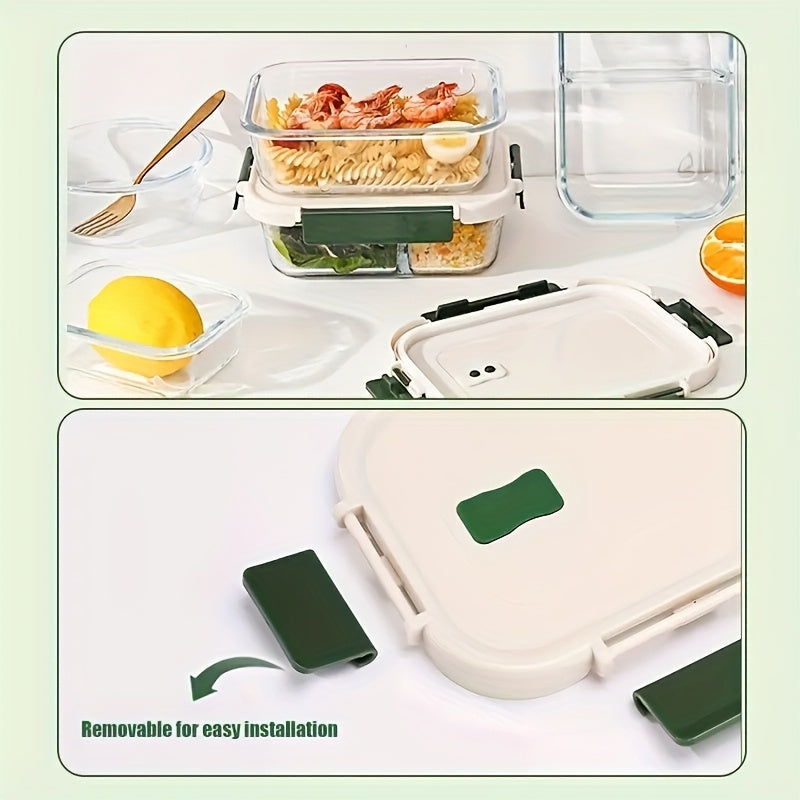[21.64oz Glass Lunch Box] Double Compartment Borosilicate Glass Lunch Box 21.64oz | Microwave Heatable, Transparent Crisper with Two Dividers, Fruit Theme, Rectangle Shape, Manual, No Electricity Needed, with Lid for Workers