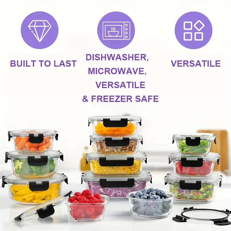 34pcs (17 Lids+17 Glass Bowl) Glass Food Storage Containers with Airtight Lids, Glass Meal Prep Containers for Lunch, Kitchen Storage Containers, Ideal for Food Storage In Microwave Ovens, Dishwashers, Offices, Schools, And Camping, Black