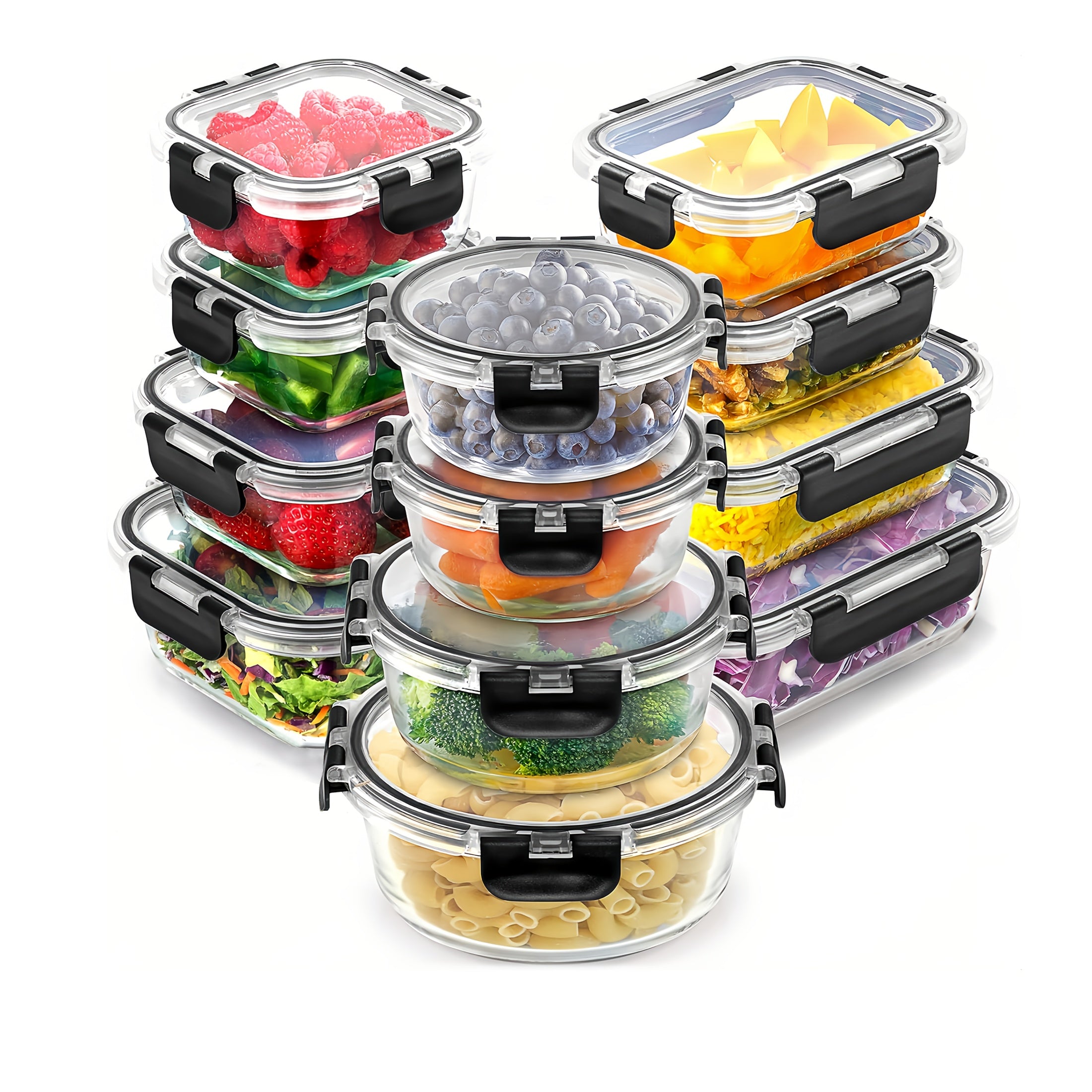 Set Of 24 (12 Lids 12 Glass Bowls) With Airtight Lid, Glass Food Prep Container For Lunch, Kitchen Storage Container, Sealed, Reusable, Ideal For Storing Food In The Microwave, Refrigerator, Dishwasher, Office, School, And Camping, Black/Grey