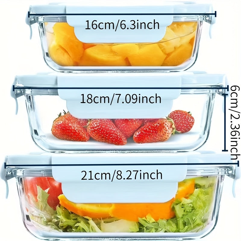 3pcs Leak-Proof Glass Storage Containers with Blue Lids - Microwave & Dishwasher Safe, Perfect for Meal Prep, Picnics, and Food Storage, Picnic Essentials|Modern Kitchenware|Glossy Finish