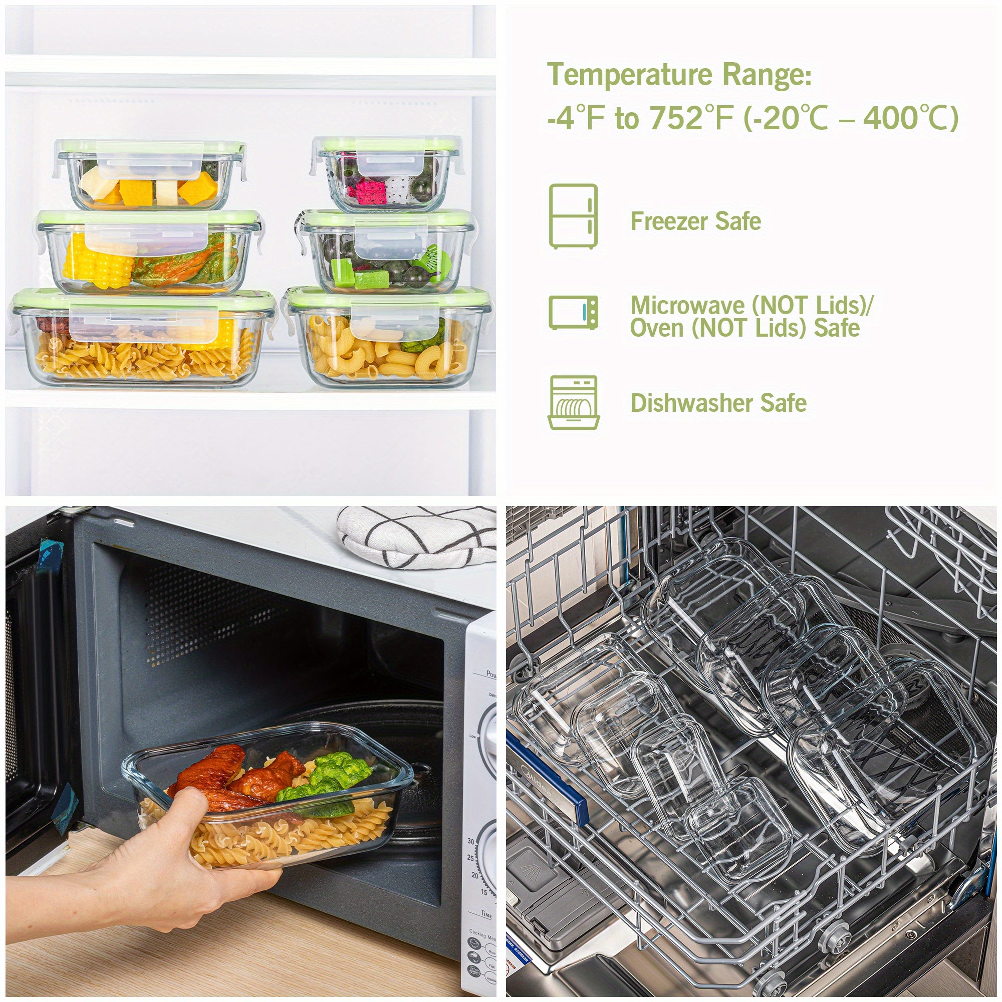 8pcs Glass Food Storage Containers with Airtight Lids - Freezer-Safe, Stackable Meal Prep Containers in Grass Green, Perfect for Organizing Fruits, Vegetables, and More, Kitchen Organization | Stackable Containers | Durable Glass, Food Storage Organizer