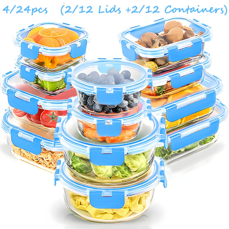 Stackable 4/24pcs Glass Food Container (2/12 Lids +2/12 Containers)-Multi-purpose Meal Prep And Pantry.With Airtight Lids, Oven, Microwave, Refrigerator And Dishwasher Safe. Durable, Space-saving Design Improves Heating Efficiency And Organization