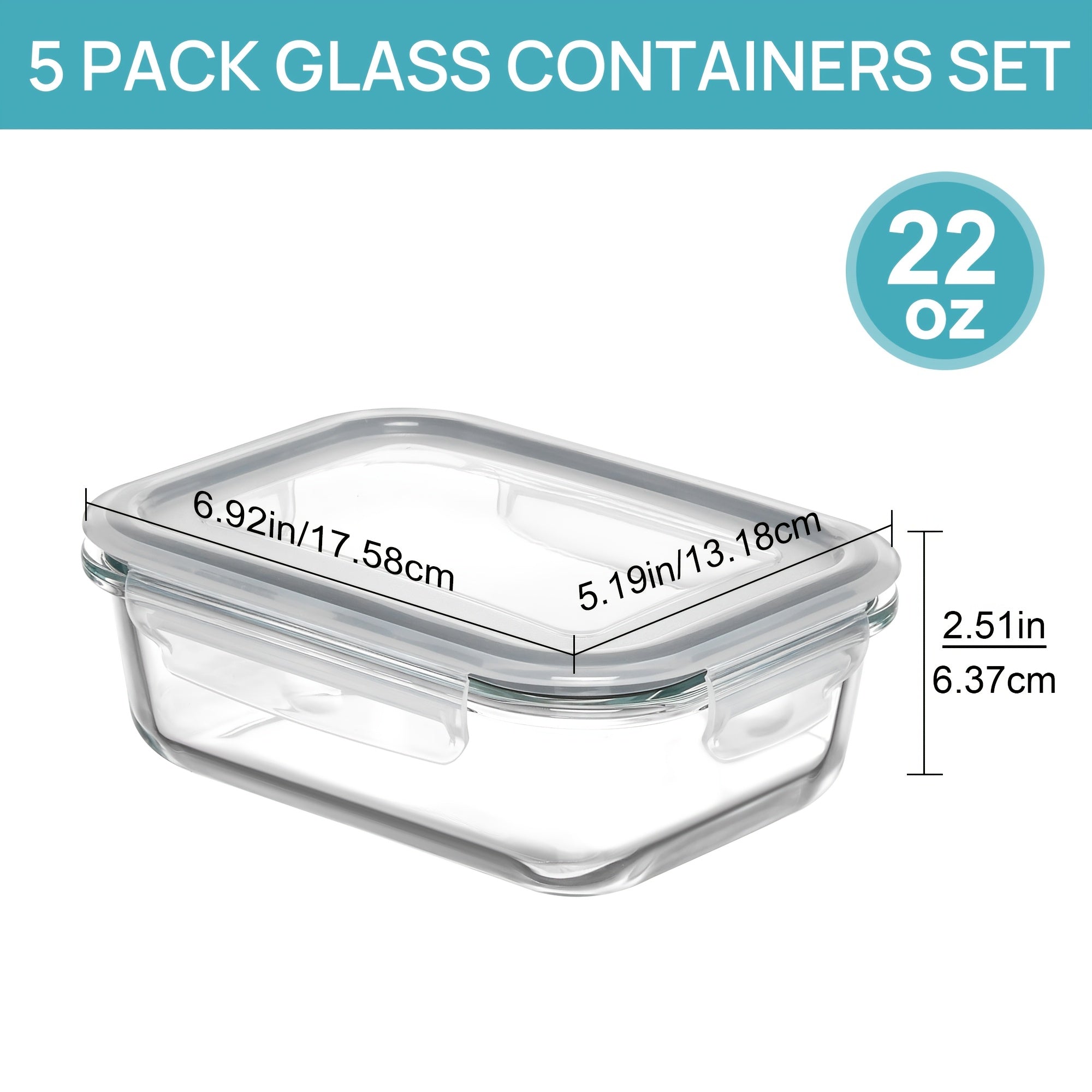 [5pcs Glass Containers] 5pcs 22oz BPA-Free Glass Meal Prep Containers with Airtight Lids | Microwave, Oven, Freezer & Dishwasher Safe | Stackable Food Storage for Lunches, Leftovers & Home Organization, Perfect for Salads, Pasta, Meat & More, Meal Prep