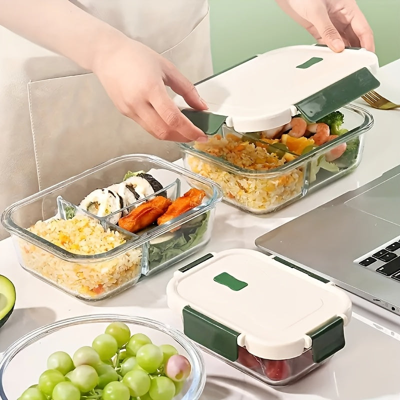 [21.64oz Glass Lunch Box] Double Compartment Borosilicate Glass Lunch Box 21.64oz | Microwave Heatable, Transparent Crisper with Two Dividers, Fruit Theme, Rectangle Shape, Manual, No Electricity Needed, with Lid for Workers