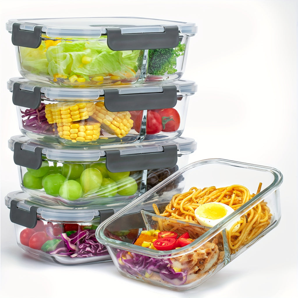 [5pcs Glass Meal Boxes] 5pcs Glass Meal Boxes with Upgraded Snap Lock Lids | 36oz Glass Food Storage Containers 2-Compartment Set, Sealed and Leak-Proof | Microwave, Oven, Refrigerator Safe 36oz