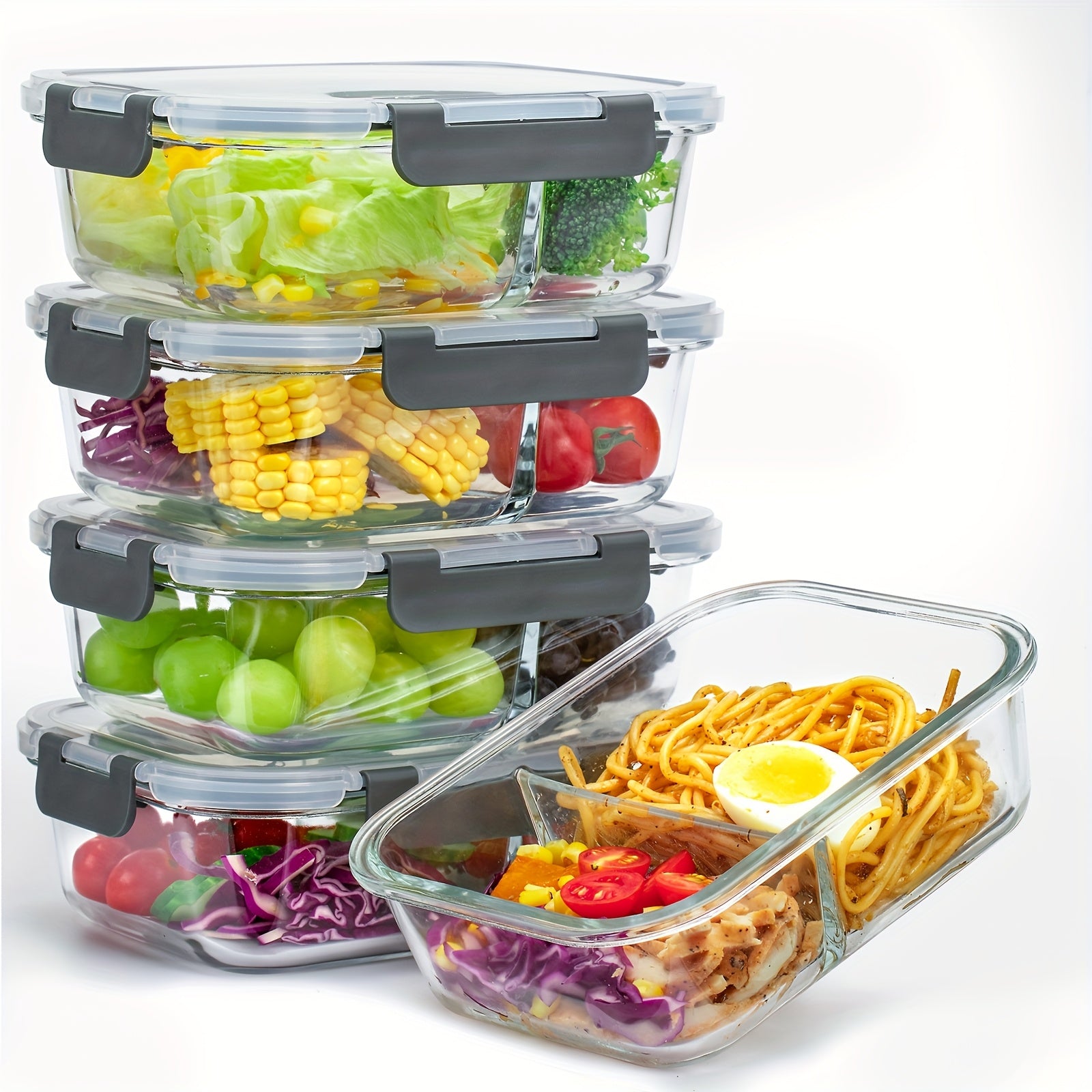 [5pcs Glass Meal Boxes] 5pcs Glass Meal Boxes with Upgraded Snap Lock Lids | 36oz Glass Food Storage Containers 2-Compartment Set, Sealed and Leak-Proof | Microwave, Oven, Refrigerator Safe 36oz