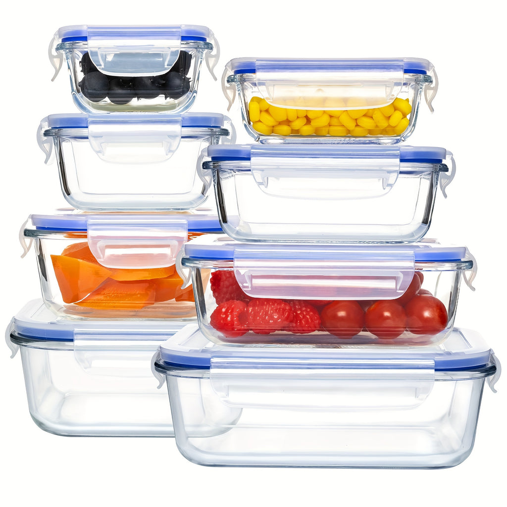 16 Pieces Glass Meal Prep Container With Lids, Lunch Containers For Food Storage, Airtight Kitchen Container For Leftover, Microwave, Freezer And Dishwasher Safe (8 Lids & 8 Glass Containers)