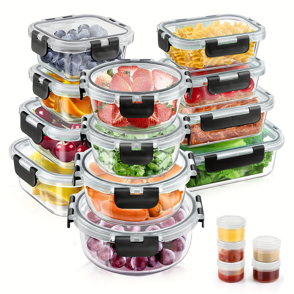 34pcs Set of Glass Food Storage Containers with Lids, Airtight Glass Meal Prep Containers (17 Containers And 17 Lids), Leak-Proof Lunch Containers Bpa-Free, Microwave, Oven, Freezer, Dishwasher Safe, Black