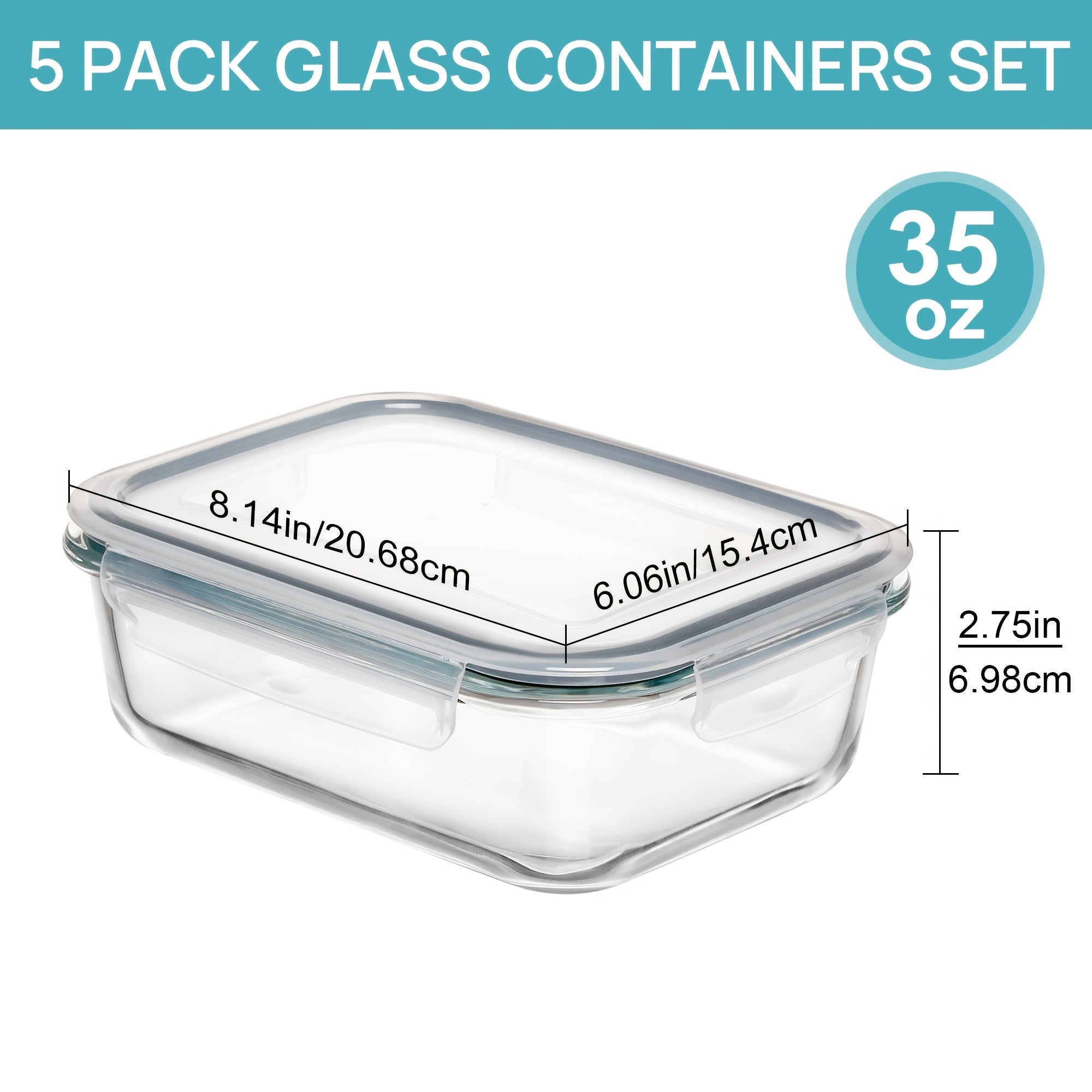 [5 Pack Glass Containers] Vtopmart 5 Pack 35oz Glass Food Storage Containers With Lids | Airtight Reusable Meal Prep Lunch Container Set, Safe For Oven, Microwave, Freezer, And Dishwasher