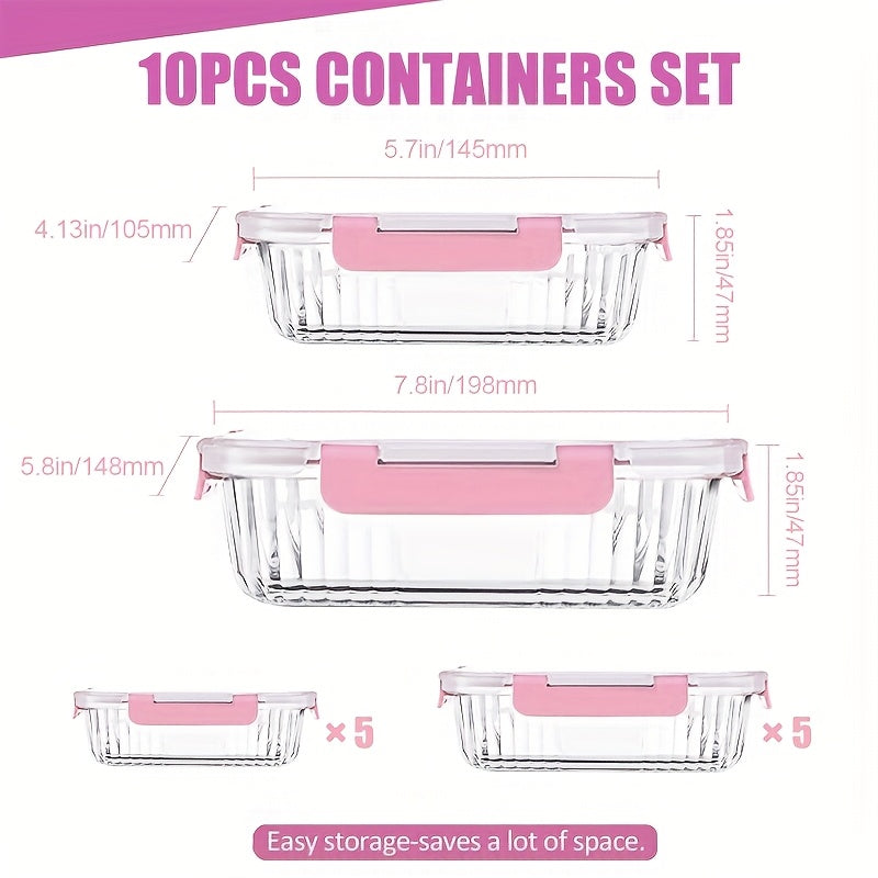 10pcs Glass Crisper (10 Glass Bowls + 10 Sealed LIDS), High Borosilicate Sealed LIDS Food Storage Container Glass, Reusable, Suitable for Microwave, Oven, Refrigerator, Dishwasher, Office, School And Camping Food Storage