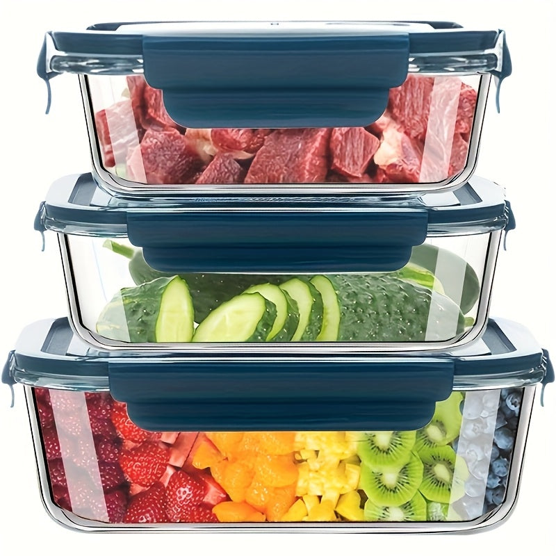 3pcs Leak-Proof Glass Storage Containers with Blue Lids - Microwave & Dishwasher Safe, Perfect for Meal Prep, Picnics, and Food Storage, Picnic Essentials|Modern Kitchenware|Glossy Finish