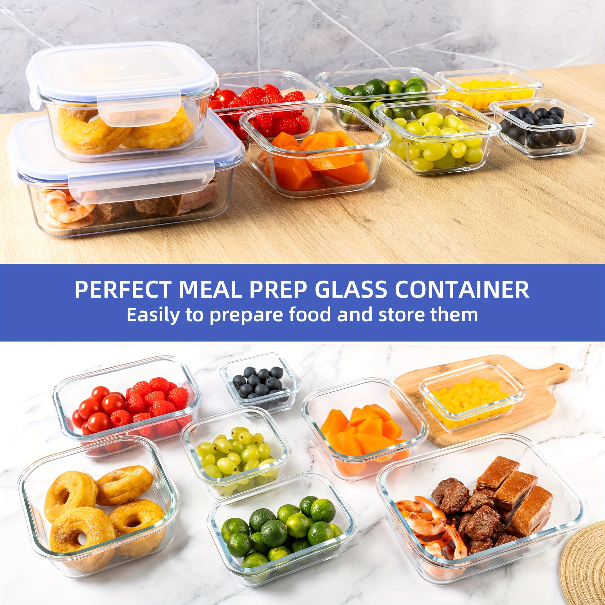 16 Pieces Glass Meal Prep Container With Lids, Lunch Containers For Food Storage, Airtight Kitchen Container For Leftover, Microwave, Freezer And Dishwasher Safe (8 Lids & 8 Glass Containers)