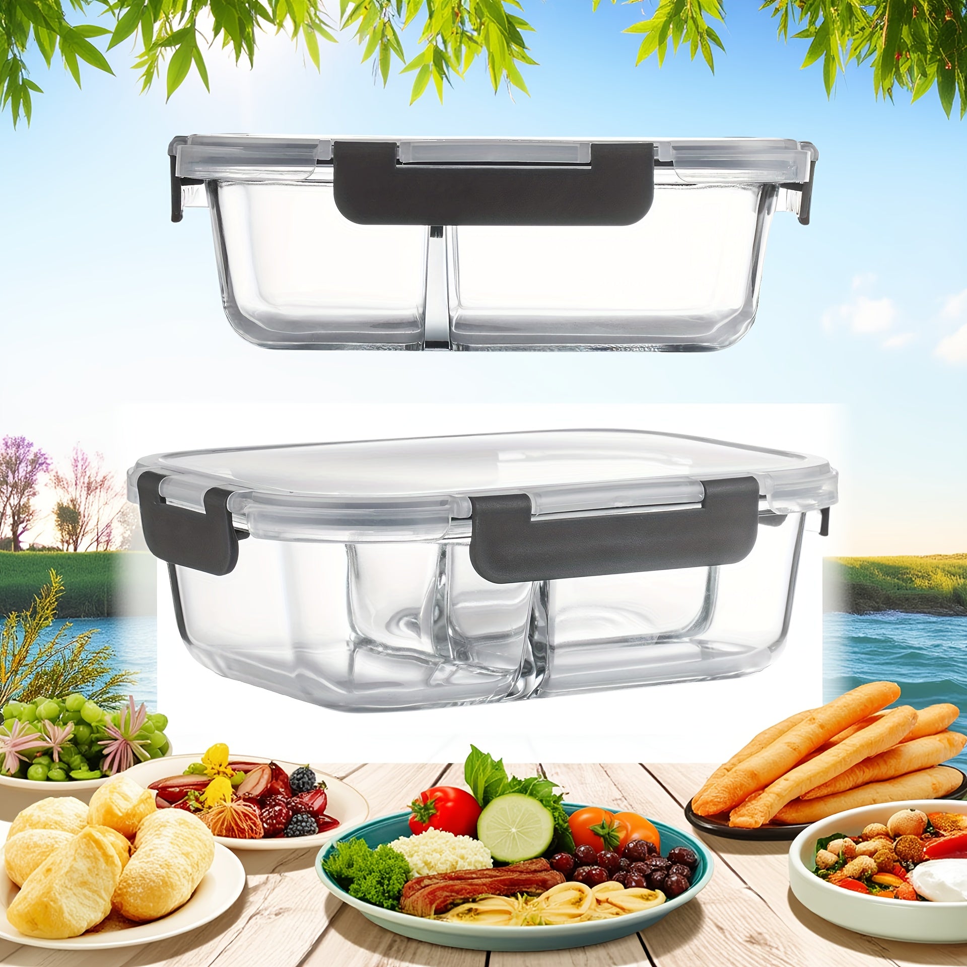 1pc Large 22.88oz Glass Lunch Box with Lid - 2 Compartment Design, Microwave & Refrigerator Safe, Ideal for Outdoor Use, Perfect Gift Optio