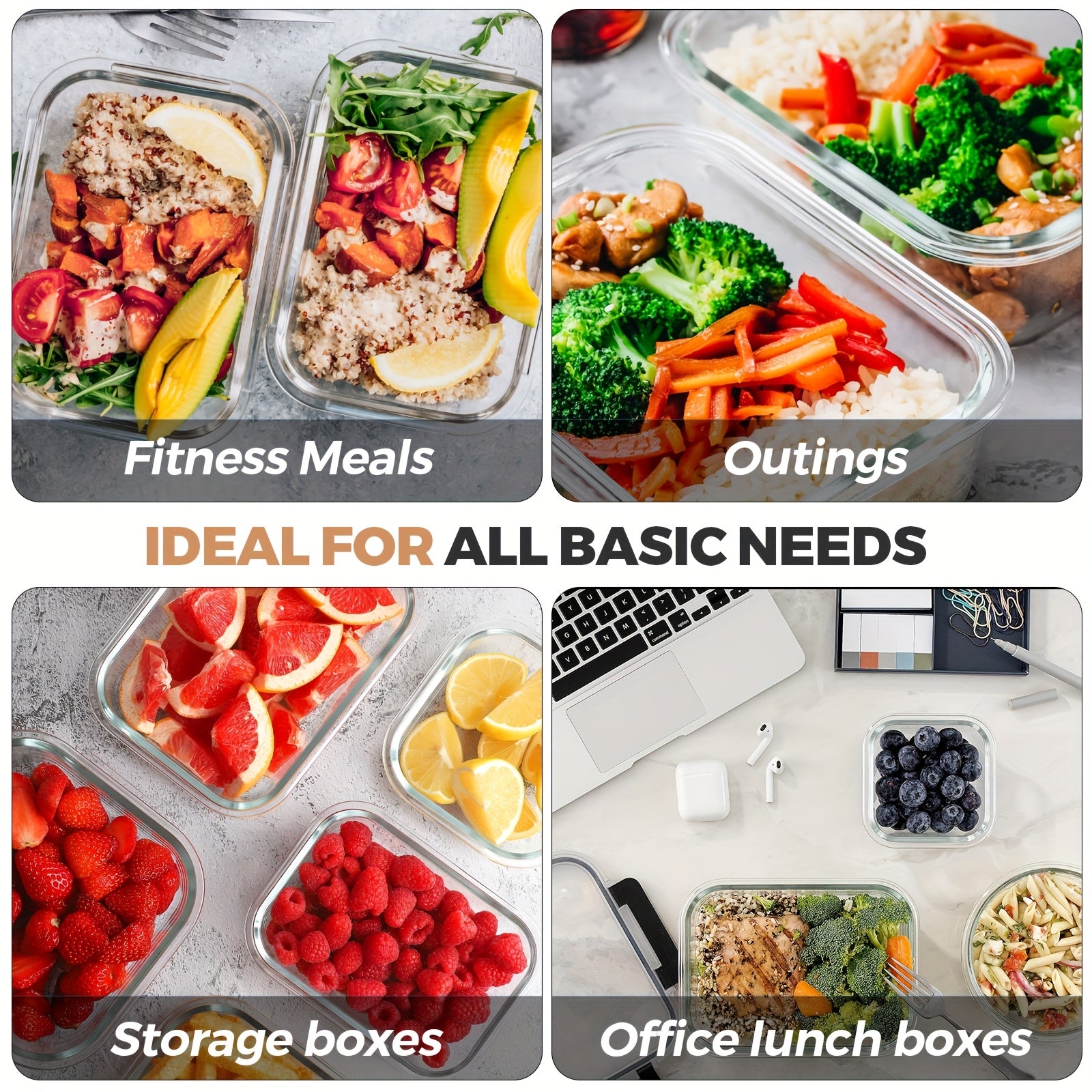 [24pcs Glass Food Containers] 24pcs Glass Food Storage Containers With Lids | 12 Glass Containers & 12 Leakproof Snap Lock Lids | Airtight Meal Prep Boxes For Kitchen And Lunch