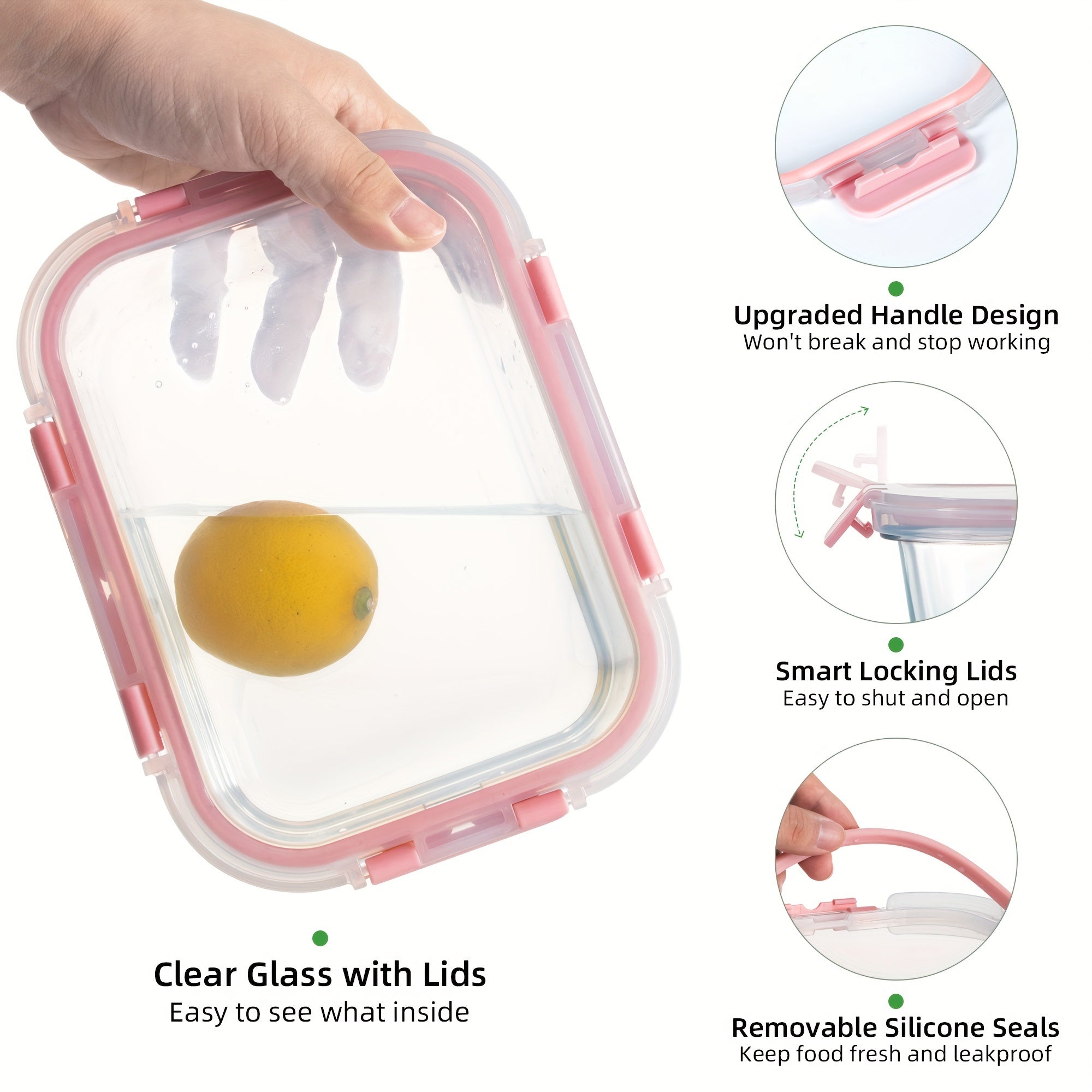 Glass Meal Prep Containers, Food Storage Containers with Lids Airtight, Glass Lunch Boxes, Microwave, Oven, Freezer and Dishwasher Safe, Pink