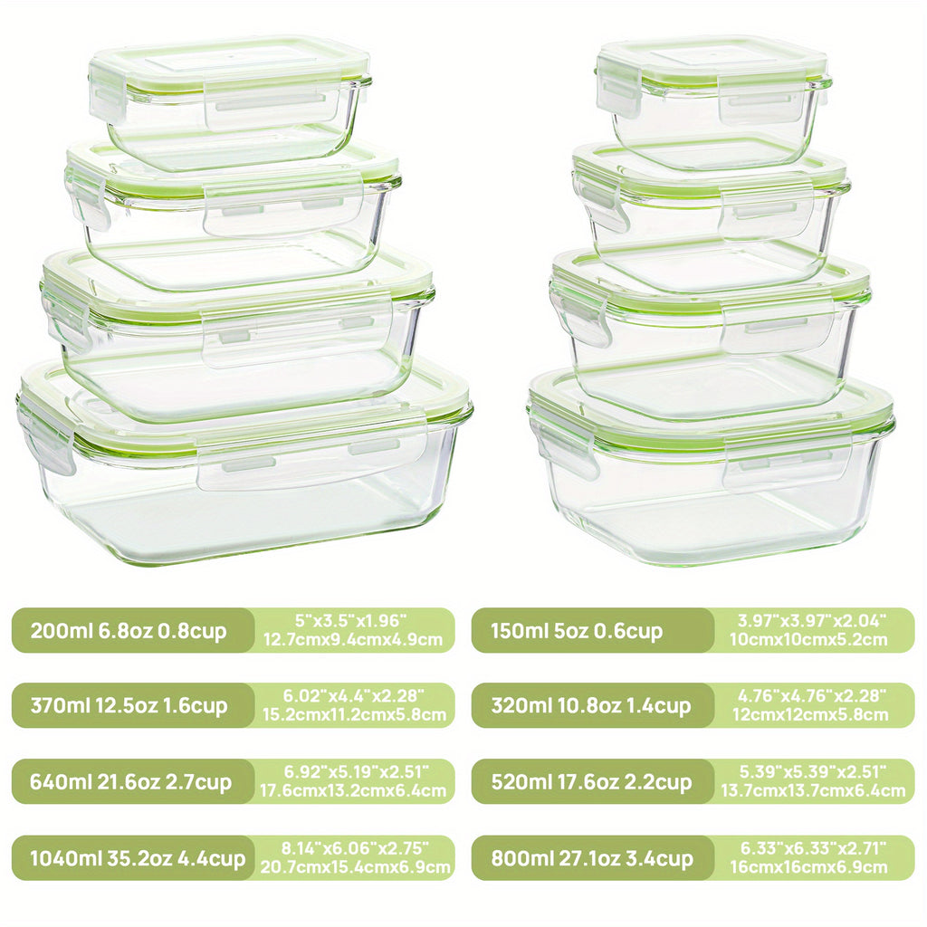 8pcs Glass Food Storage Containers with Airtight Lids - Freezer-Safe, Stackable Meal Prep Containers in Grass Green, Perfect for Organizing Fruits, Vegetables, and More, Kitchen Organization | Stackable Containers | Durable Glass, Food Storage Organizer