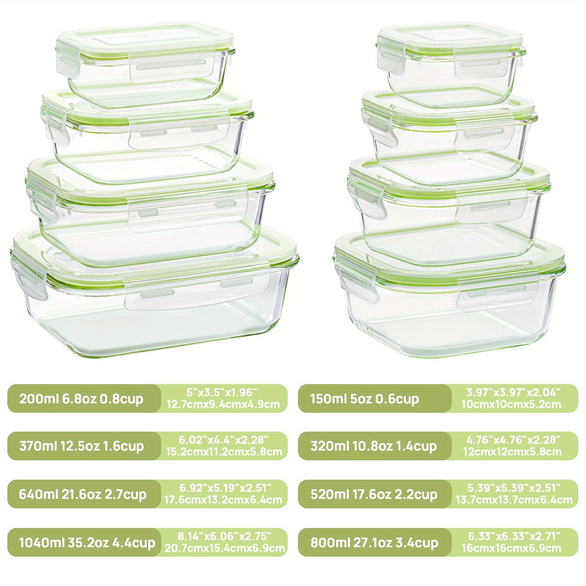 8pcs Glass Food Storage Containers with Airtight Lids - Freezer-Safe, Stackable Meal Prep Containers in Grass Green, Perfect for Organizing Fruits, Vegetables, and More, Kitchen Organization | Stackable Containers | Durable Glass, Food Storage Organizer