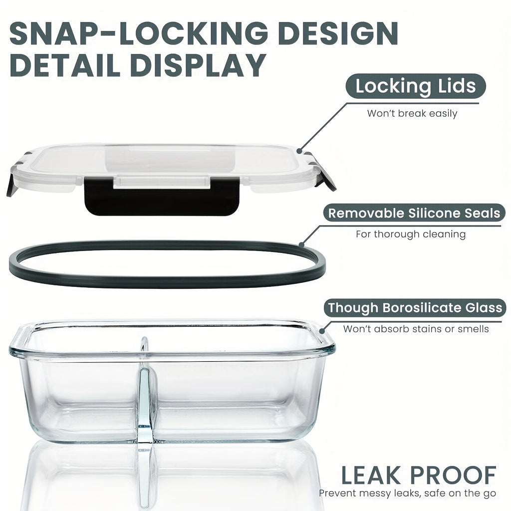 [5pcs Glass Meal Boxes] 5pcs Glass Meal Boxes with Upgraded Snap Lock Lids | 36oz Glass Food Storage Containers 2-Compartment Set, Sealed and Leak-Proof | Microwave, Oven, Refrigerator Safe 36oz