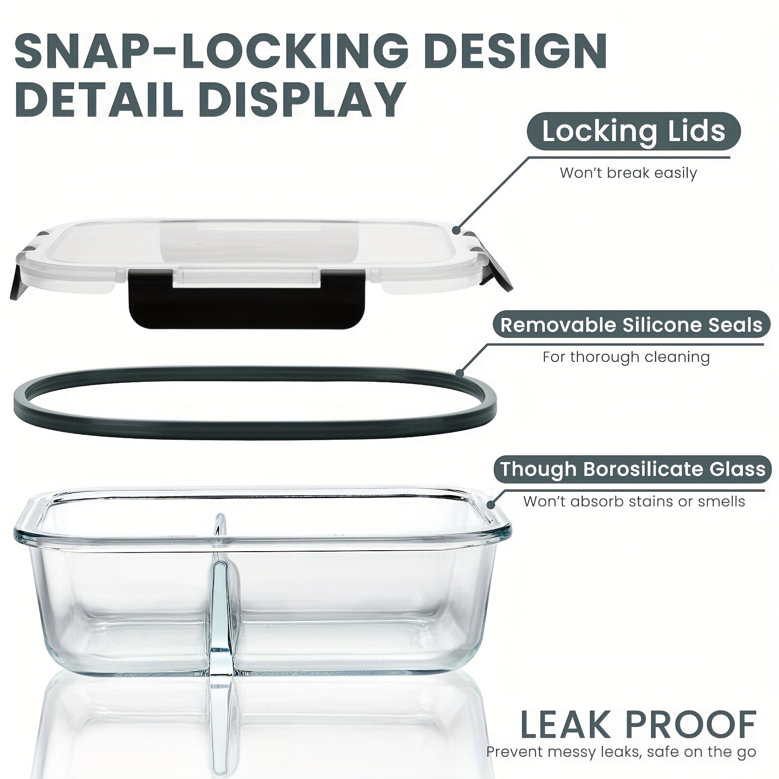 [5pcs Glass Meal Boxes] 5pcs Glass Meal Boxes with Upgraded Snap Lock Lids | 36oz Glass Food Storage Containers 2-Compartment Set, Sealed and Leak-Proof | Microwave, Oven, Refrigerator Safe 36oz