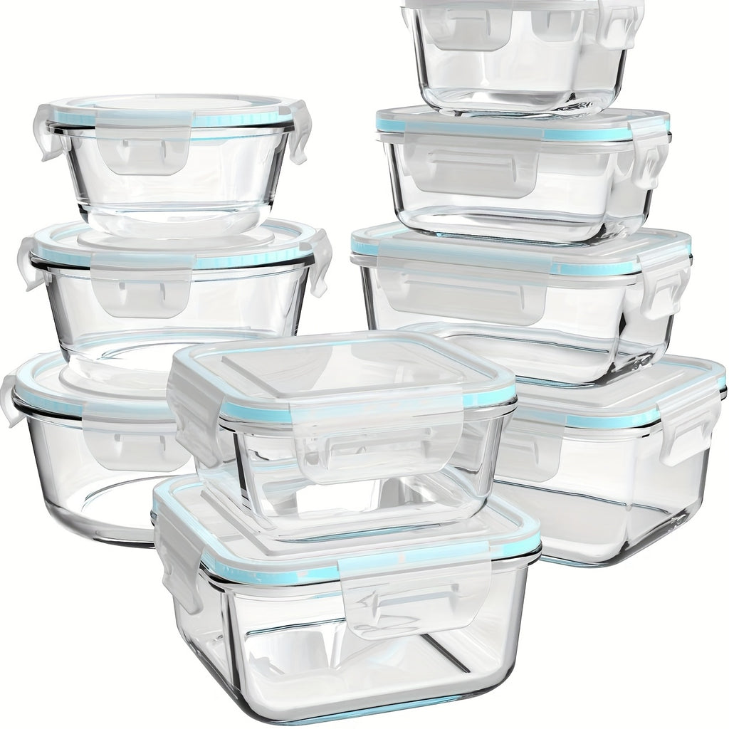 [18 Glass Containers] 18 Glass Food Storage Containers | Meal Preparation, Sealed Bento Box with Leak Proof Lock Cover | BPA Free, Suitable for Microwave Ovens, Lunch Boxes, Ovens, Refrigerators, and Dishwashers