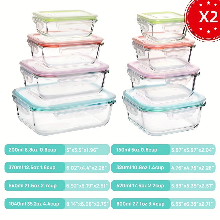8/16pcs Glass Preservation Box Set, Food Storage Container with Sealed Lid, Glass Lunch Box for Home Kitchen And Office Lunch, Multi-color Sealed Lunch Container, Microwave Oven, Oven, Refrigerator, And Dishwasher.