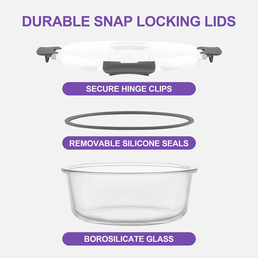Set Of 24 (12 Lids 12 Glass Bowls) With Airtight Lid, Glass Food Prep Container For Lunch, Kitchen Storage Container, Sealed, Reusable, Ideal For Storing Food In The Microwave, Refrigerator, Dishwasher, Office, School, And Camping, Black/Grey
