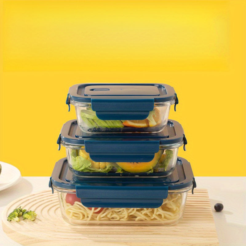 3pcs Leak-Proof Glass Storage Containers with Blue Lids - Microwave & Dishwasher Safe, Perfect for Meal Prep, Picnics, and Food Storage, Picnic Essentials|Modern Kitchenware|Glossy Finish