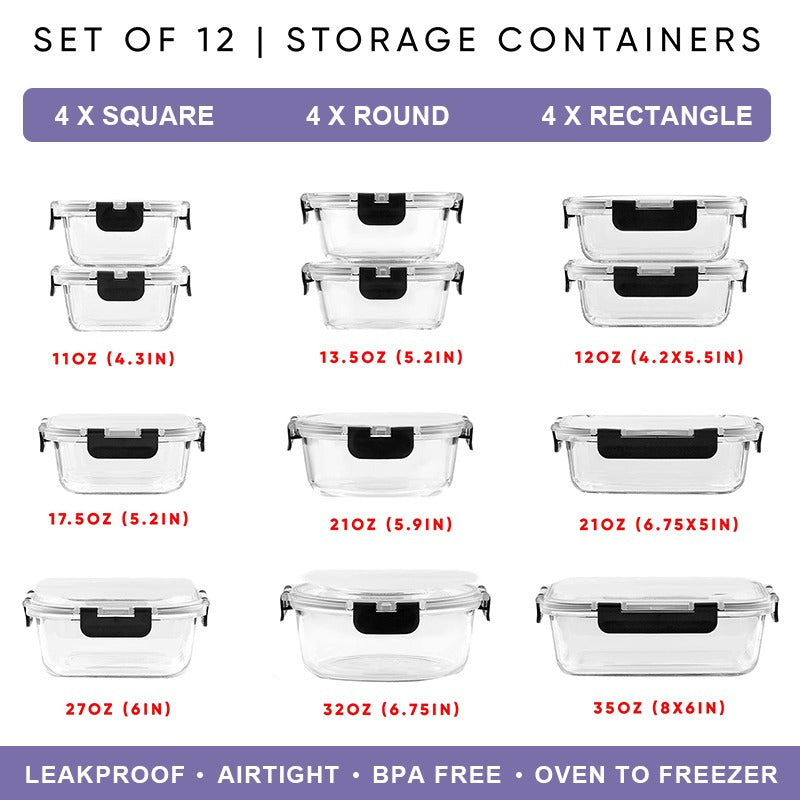 24Pcs (12 Lids+12 Glass Bowl) Glass Food Storage Containers with Airtight Lids, Glass Meal Prep Containers for Lunch, Kitchen Storage Containers, Airtight Freezer Safe Food Storage Containers, Reusable, Ideal for Food Storage in Microwave Ovens,
