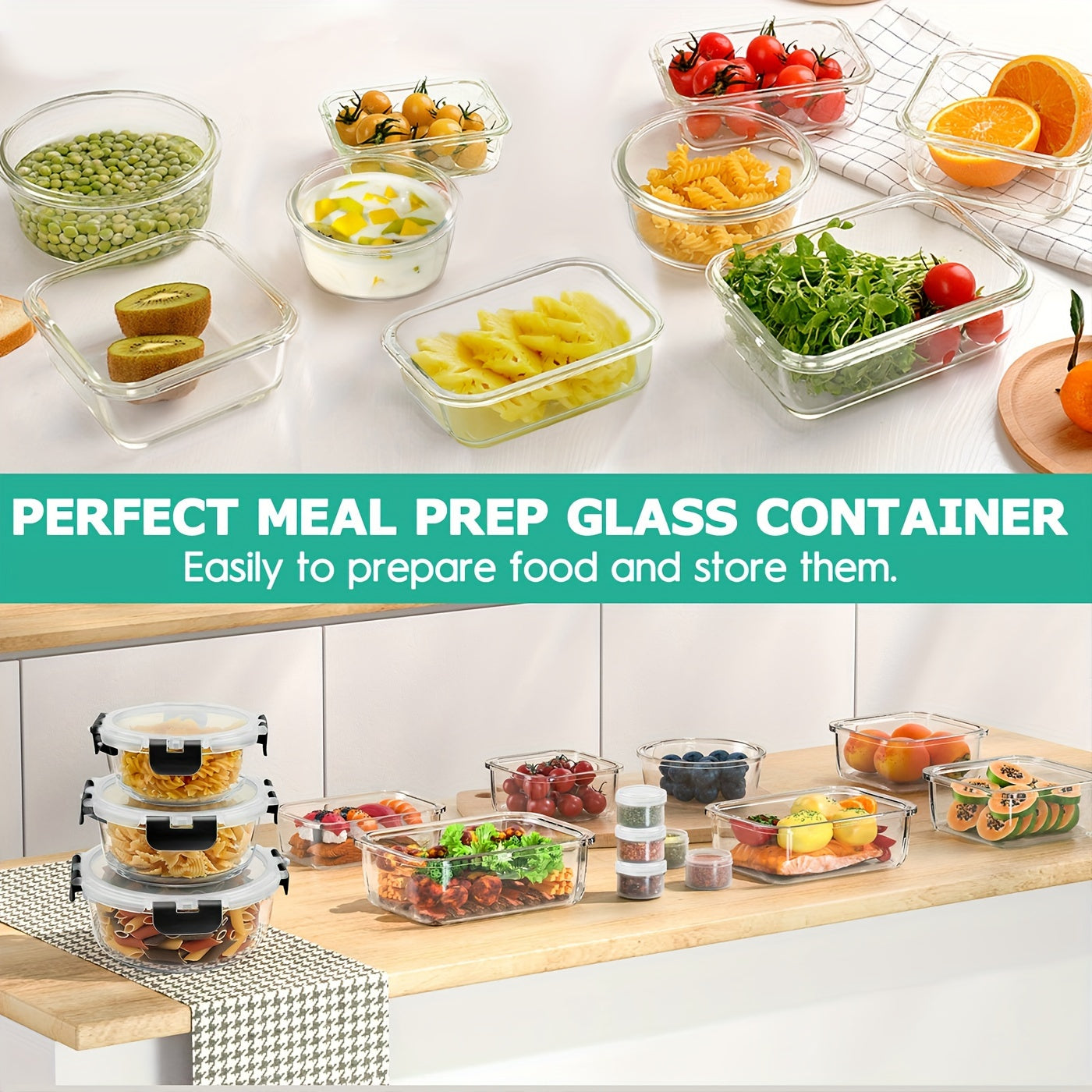 34pcs Set of Glass Food Storage Containers with Lids, Airtight Glass Meal Prep Containers (17 Containers And 17 Lids), Leak-Proof Lunch Containers Bpa-Free, Microwave, Oven, Freezer, Dishwasher Safe, Black