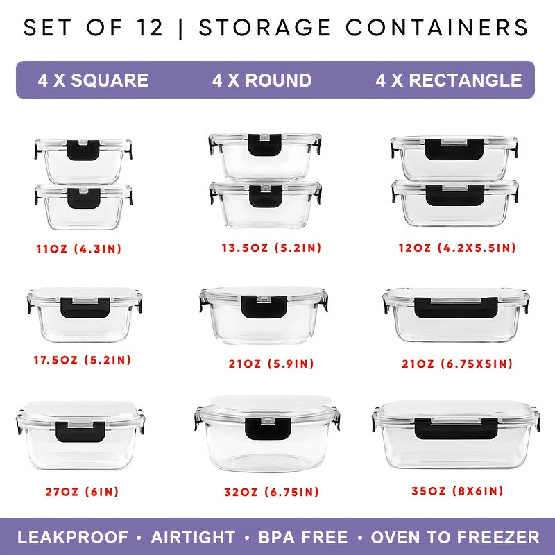 Set Of 24 (12 Lids 12 Glass Bowls) With Airtight Lid, Glass Food Prep Container For Lunch, Kitchen Storage Container, Sealed, Reusable, Ideal For Storing Food In The Microwave, Refrigerator, Dishwasher, Office, School, And Camping, Black/Grey