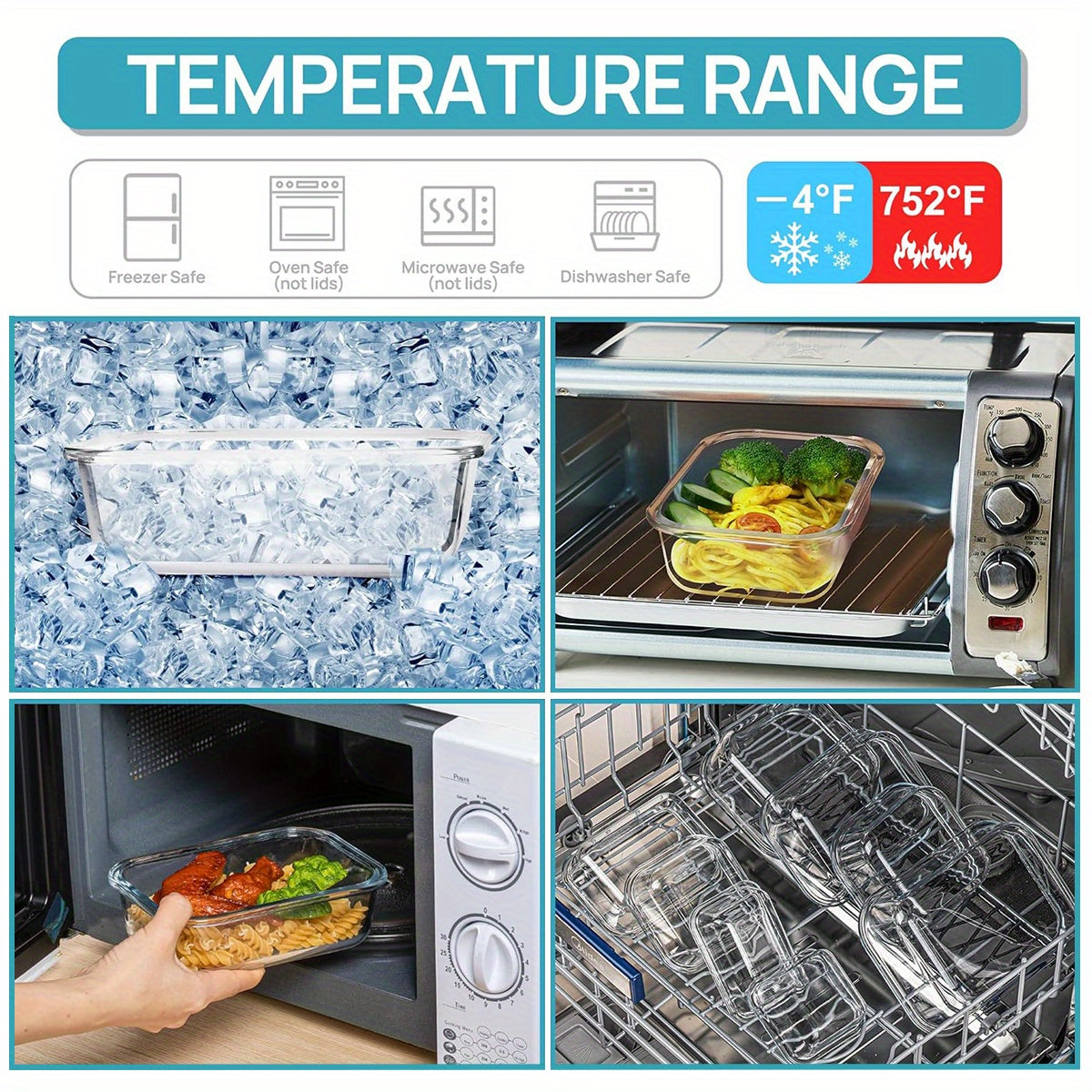 16pcs large capacity glass container set - Insulated lunch box, lunch box, leak-proof bento box with locking lid, Food & Dish Transport-Bus Tubs, microwave, Oven, refrigerator safe. Perfect for home, kitchen, office, lunch, restaurant storage.