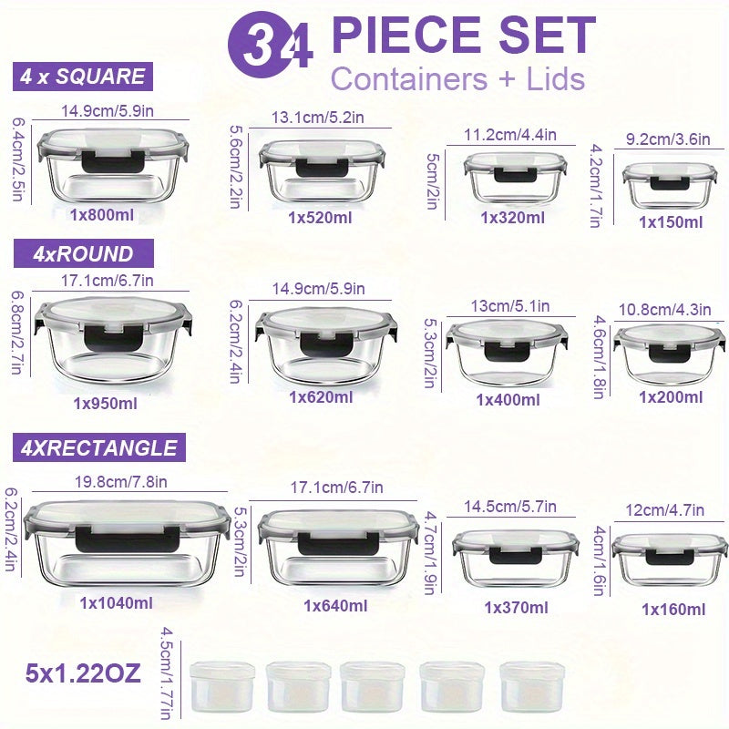 34pcs (17 Lids+17 Glass Bowl) Glass Food Storage Containers with Airtight Lids, Glass Meal Prep Containers for Lunch, Kitchen Storage Containers, Ideal for Food Storage In Microwave Ovens, Dishwashers, Offices, Schools, And Camping, Black