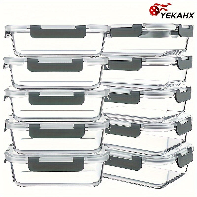 10-Pack Premium Glass Meal Prep Containers Set - Airtight, Leak-Proof, Microwave-Safe, Dishwasher-Safe, BPA-Free, Food-Grade Glass Lunch Boxes For Home Kitchen, Office, And Outdoor Use - Perfect For Portion Control, Meal Planning, And Food Storage