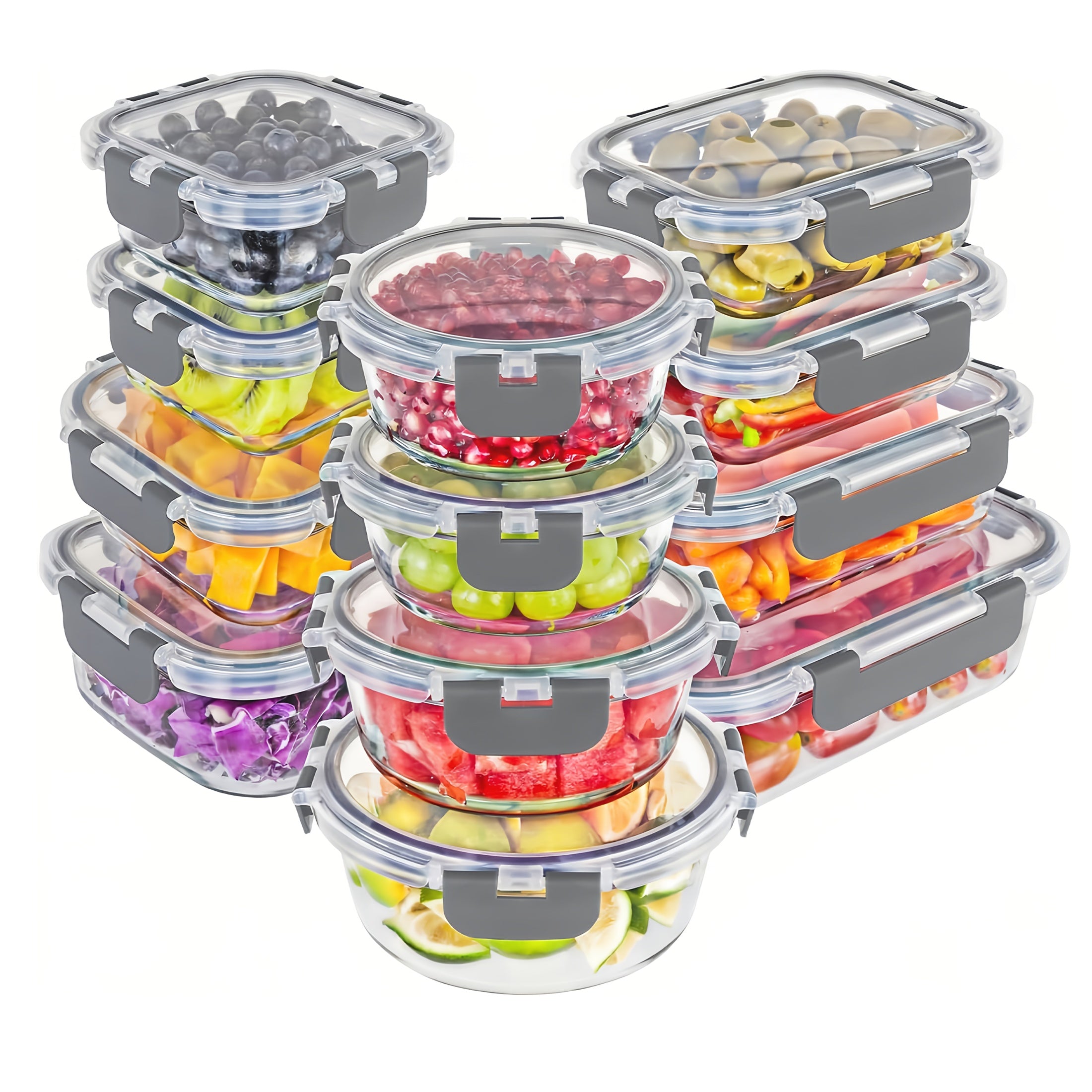 Set Of 24 (12 Lids 12 Glass Bowls) With Airtight Lid, Glass Food Prep Container For Lunch, Kitchen Storage Container, Sealed, Reusable, Ideal For Storing Food In The Microwave, Refrigerator, Dishwasher, Office, School, And Camping, Black/Grey